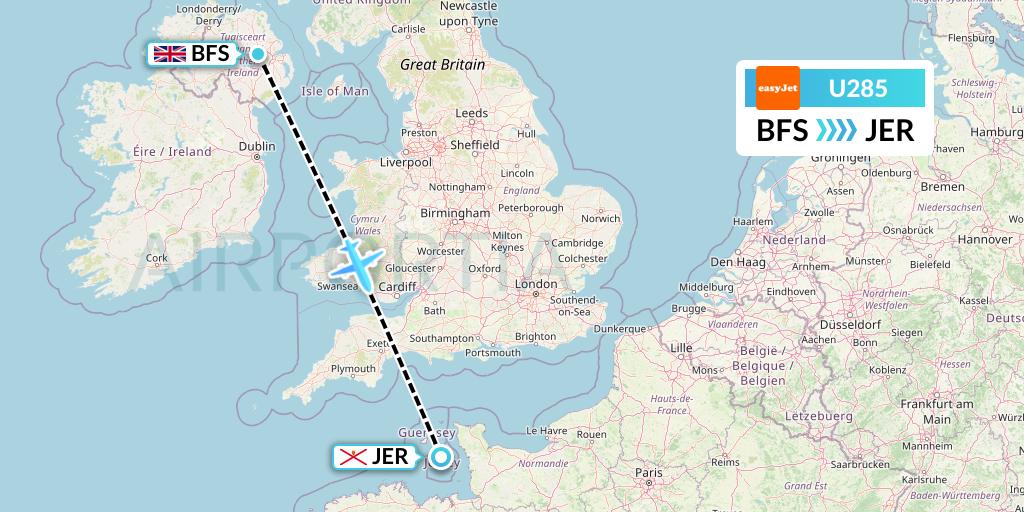 U285 EasyJet Flight Map: Belfast to Jersey