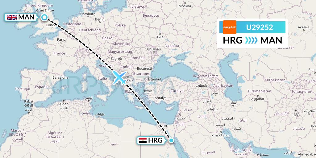 U29252 EasyJet Flight Map: Hurghada to Manchester