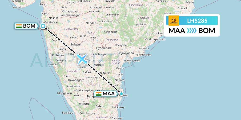 LH5285 Lufthansa Flight Map: Chennai to Mumbai