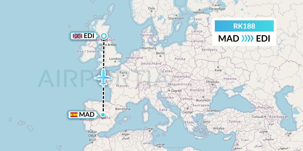 RK188 Ryanair UK Flight Map: Madrid to Edinburgh