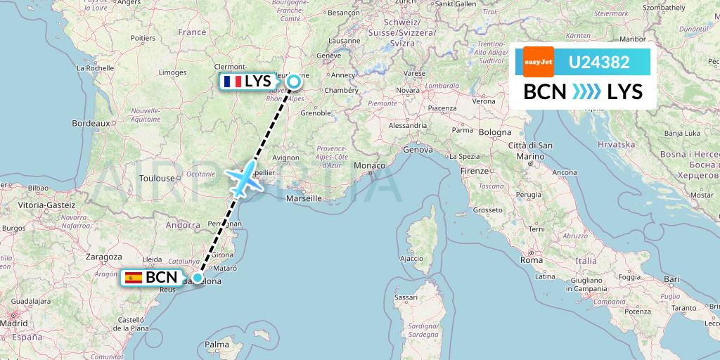 U24382 EasyJet Flight Map: Barcelona to Lyon