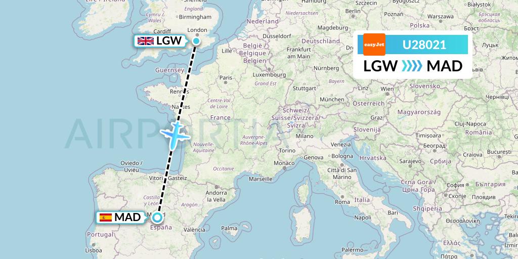 U28021 EasyJet Flight Map: London to Madrid