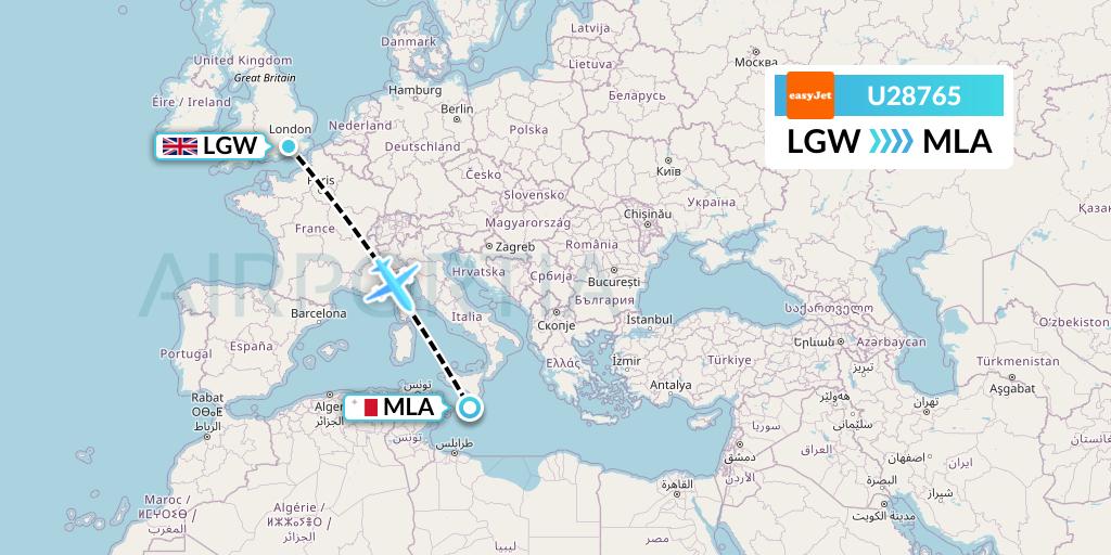 U28765 EasyJet Flight Map: London to Malta