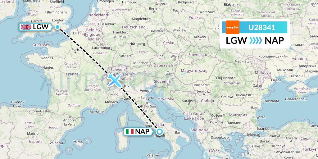 U28341 EasyJet Flight Map: London to Naples