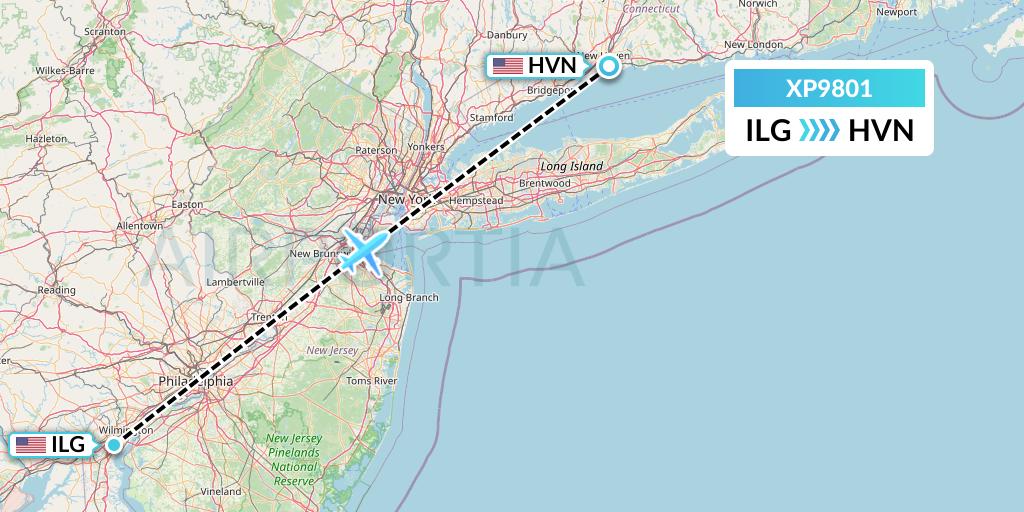 XP9801 Avelo Airlines Flight Map: Wilmington to New Haven