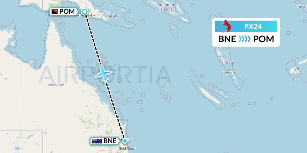PX24 Air Niugini Flight Map: Brisbane to Port Moresby