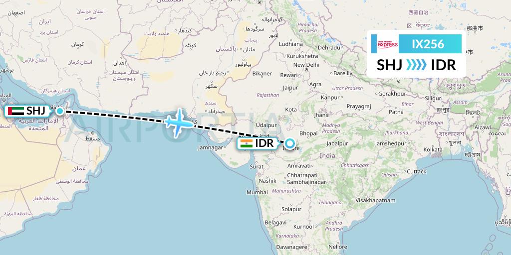 IX256 Air India Express Flight Map: Sharjah to Indore