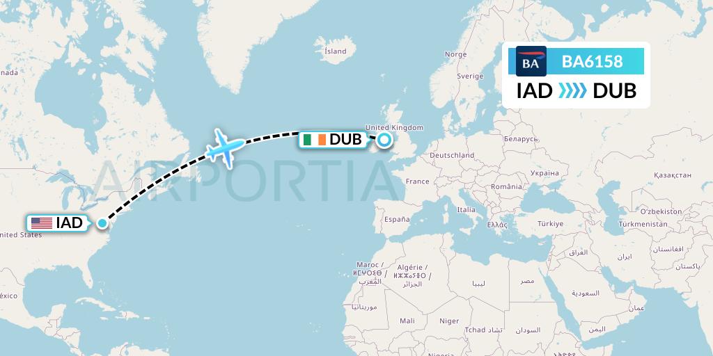 BA6158 British Airways Flight Map: Washington to Dublin