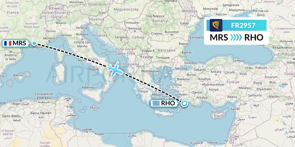 FR2957 Ryanair Flight Map: Marseille to Rhodes