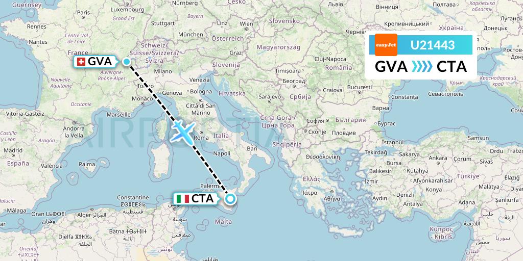 U21443 EasyJet Flight Map: Geneva to Catania