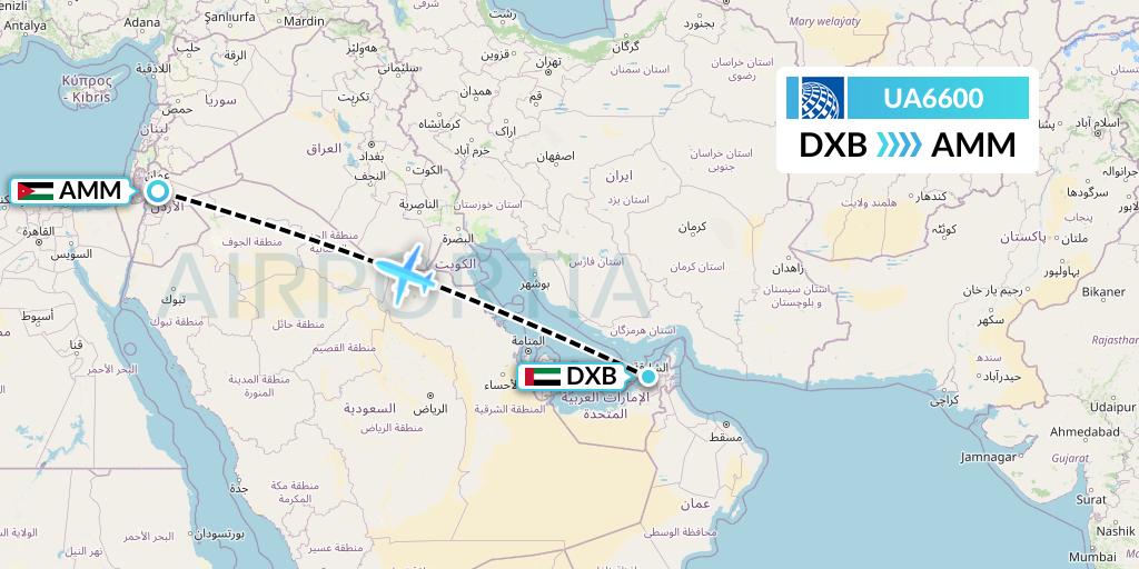 UA6600 United Airlines Flight Map: Dubai to Amman