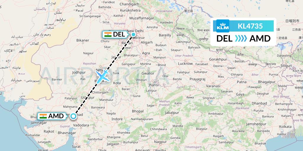 KL4735 KLM Flight Map: Delhi to Ahmedabad