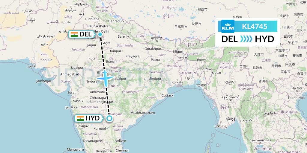 KL4745 KLM Flight Map: Delhi to Hyderabad