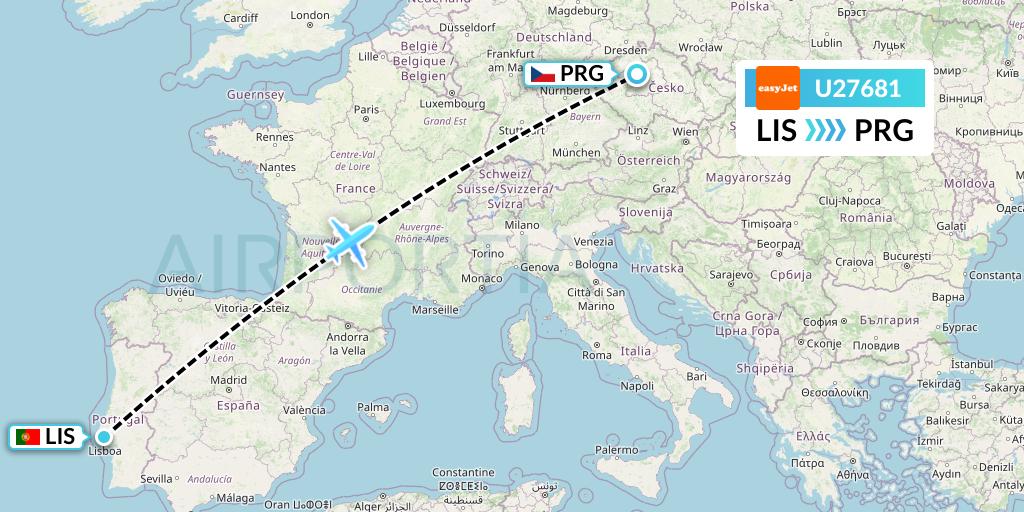 U27681 EasyJet Flight Map: Lisbon to Prague