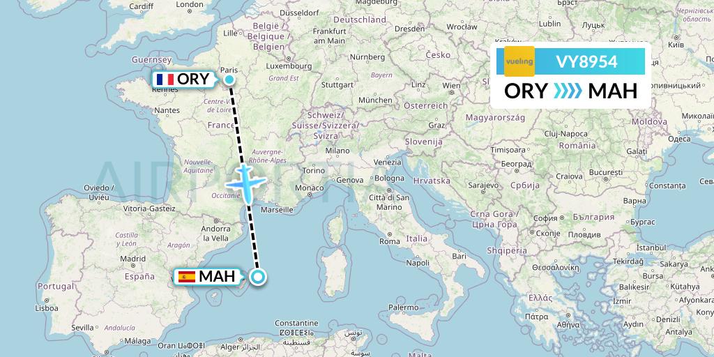 VY8954 Vueling Flight Map: Paris to Mahon