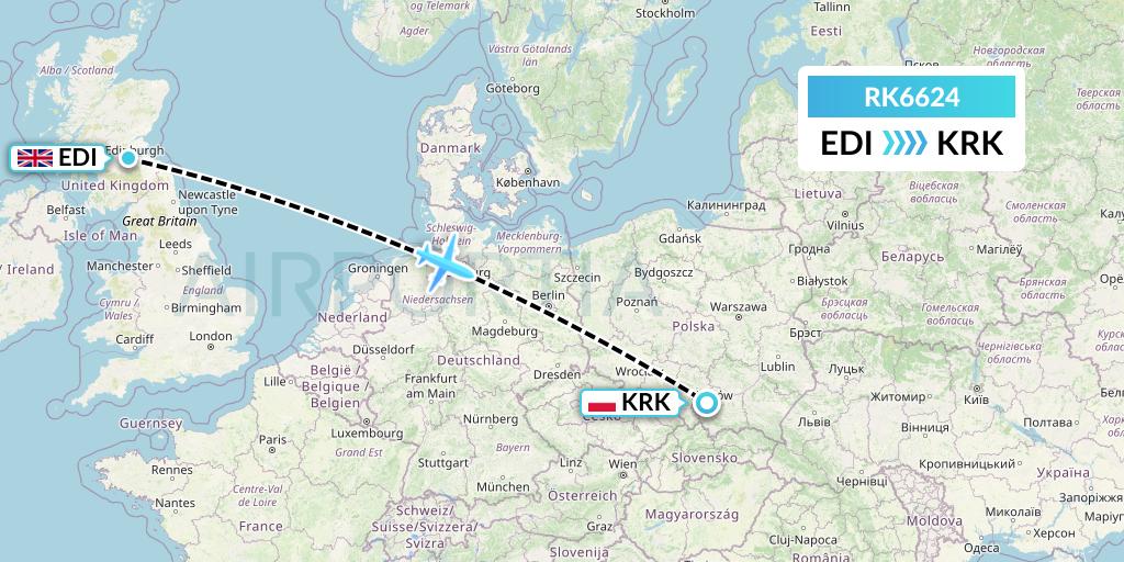 RK6624 Ryanair UK Flight Map: Edinburgh to Krakow