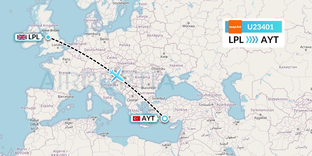 U23401 EasyJet Flight Map: Liverpool to Antalya