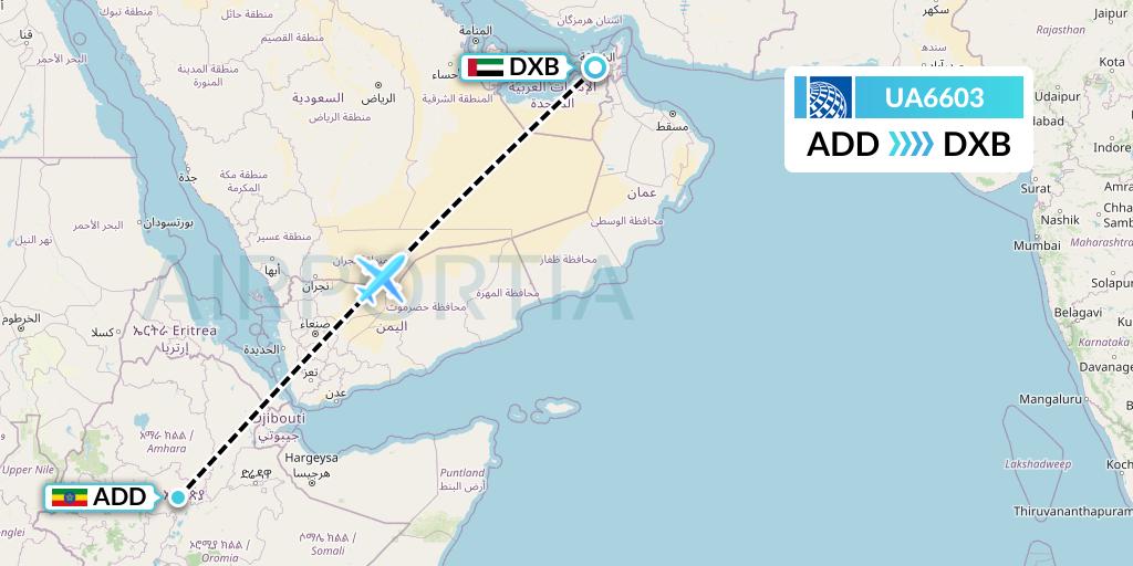 UA6603 United Airlines Flight Map: Addis Ababa to Dubai