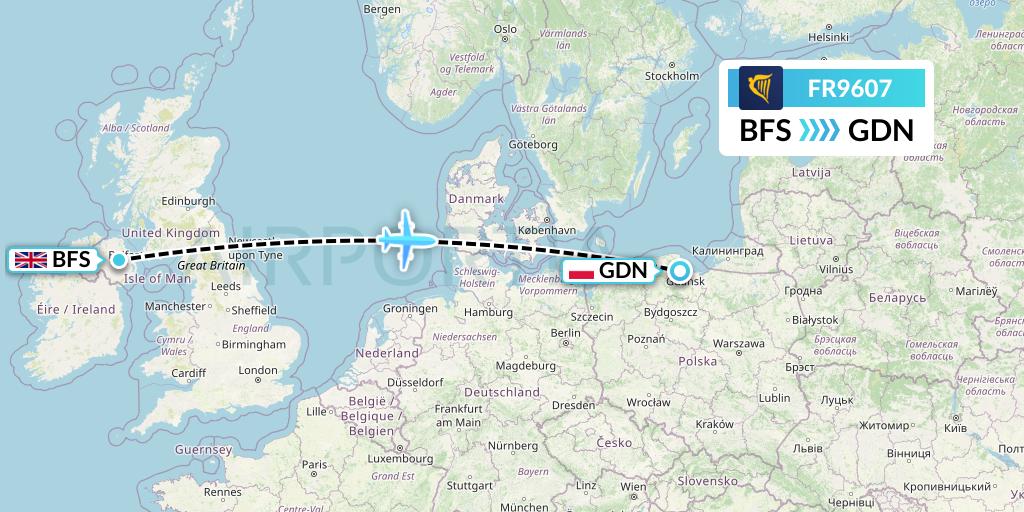 FR9607 Ryanair Flight Map: Belfast to Gdansk