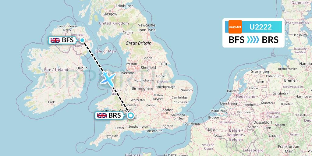 U2222 EasyJet Flight Map: Belfast to Bristol