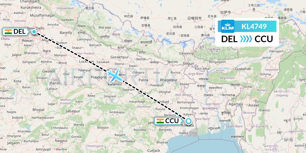KL4749 KLM Flight Map: Delhi to Kolkata