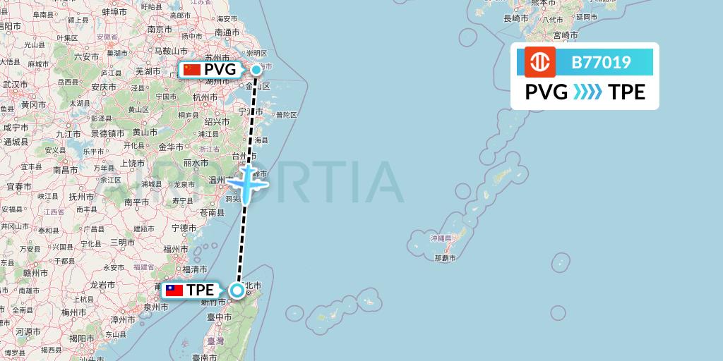 B77019 UNI Air Flight Map: Shanghai to Taipei