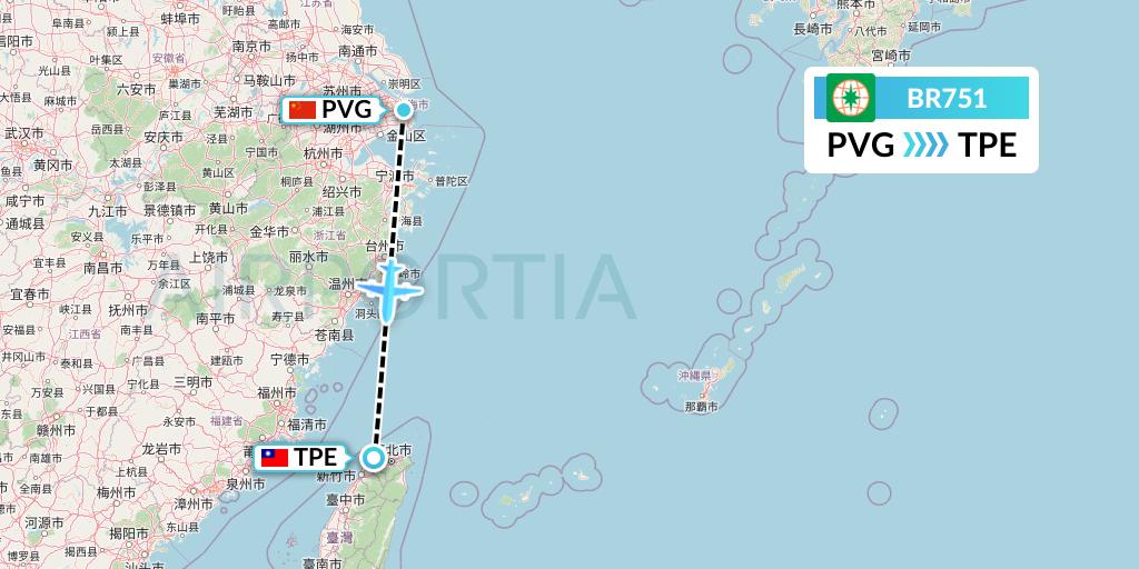 BR751 EVA Air Flight Map: Shanghai to Taipei