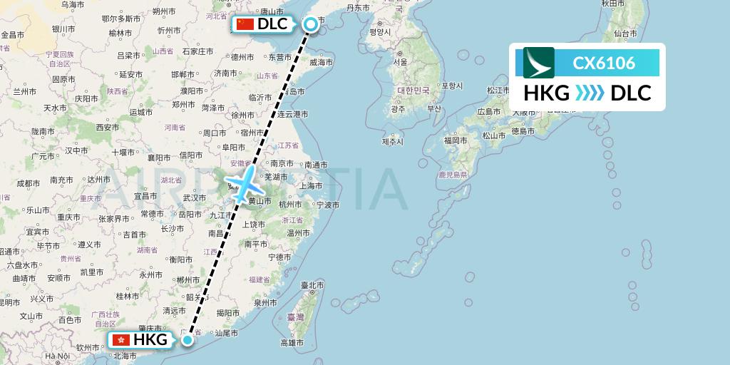CX6106 Cathay Pacific Flight Map: Hong Kong to Dalian