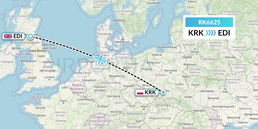 RK6625 Ryanair UK Flight Map: Krakow to Edinburgh