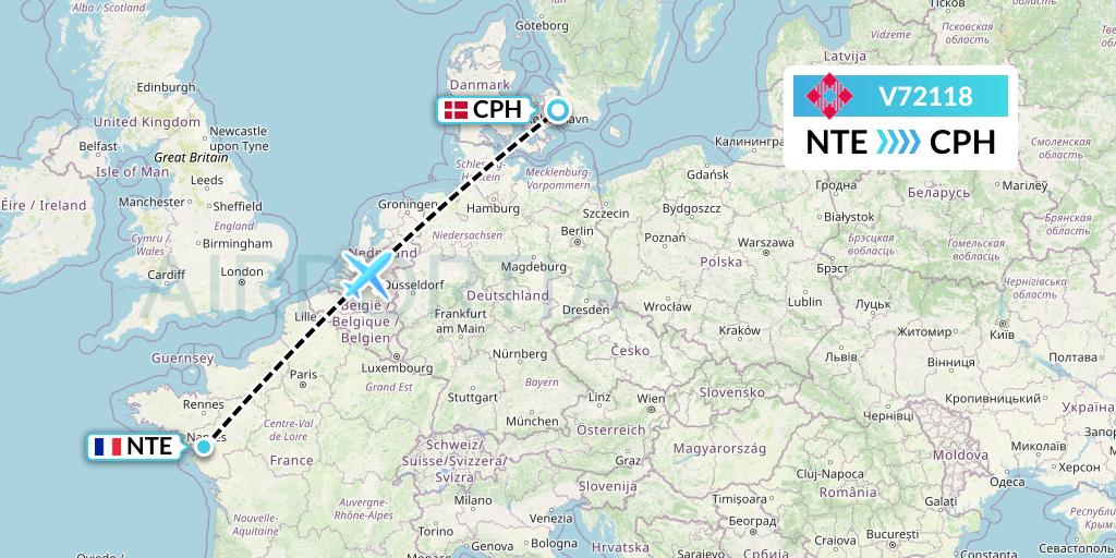 V72118 Volotea Flight Map: Nantes to Copenhagen
