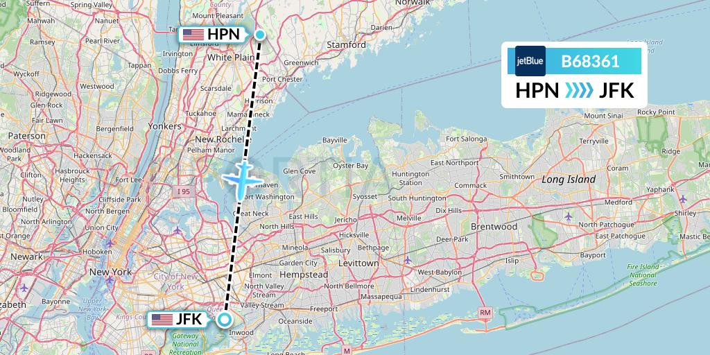 B68361 JetBlue Airways Flight Map: White Plains to New York