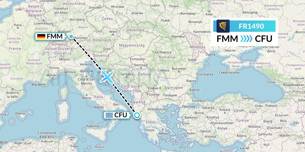 FR1490 Ryanair Flight Map: Memmingen to Corfu