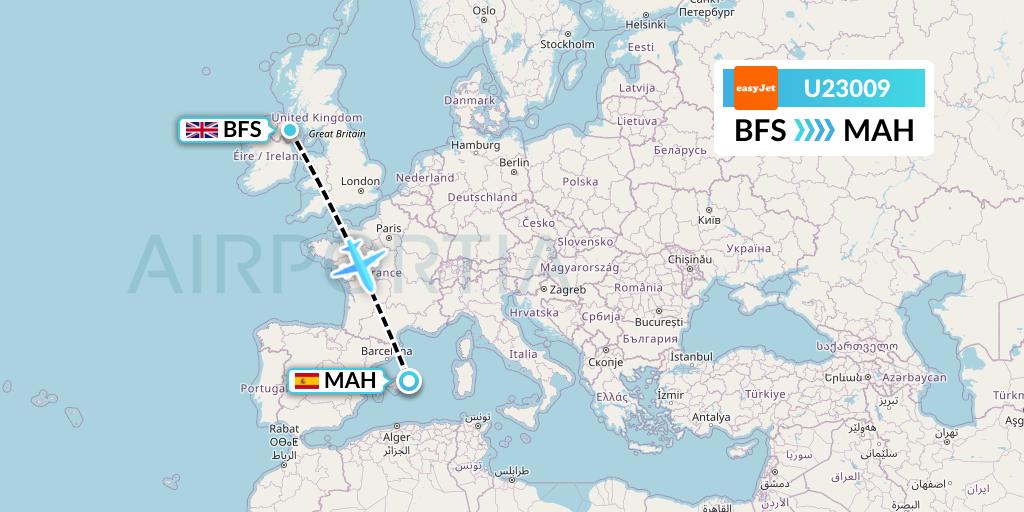 U23009 EasyJet Flight Map: Belfast to Mahon
