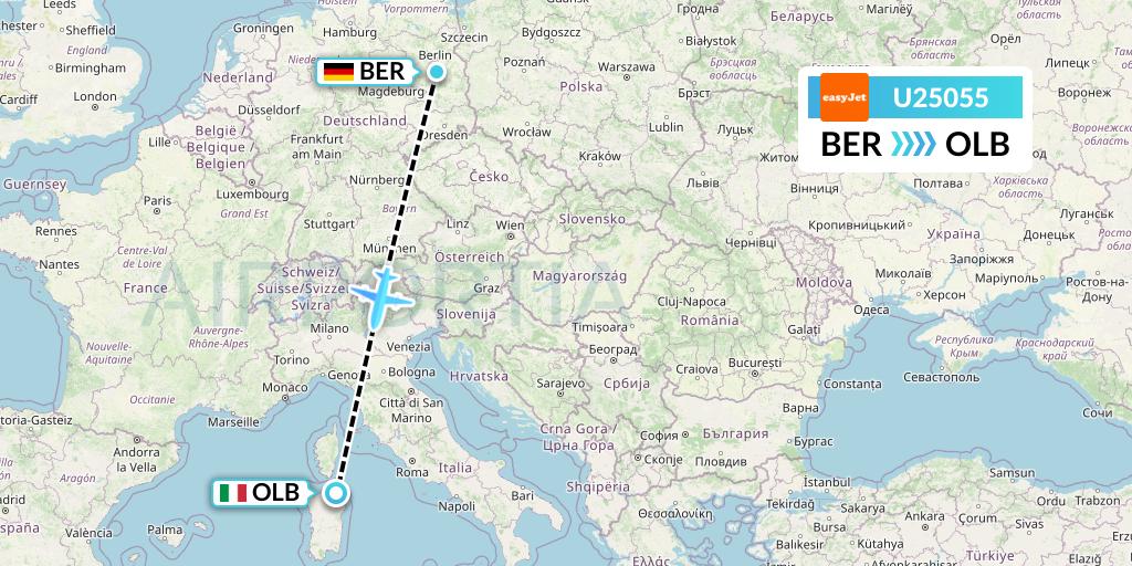 U25055 EasyJet Flight Map: Berlin to Olbia