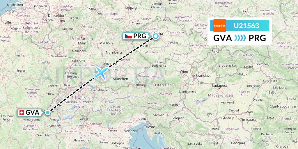 U21563 EasyJet Flight Map: Geneva to Prague