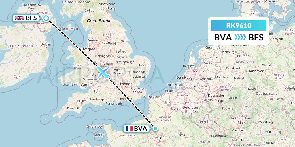 RK9610 Ryanair UK Flight Map: Paris to Belfast