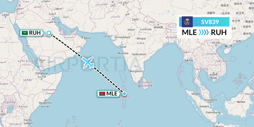 SV839 Saudi Arabian Airlines Flight Map: Male to Riyadh
