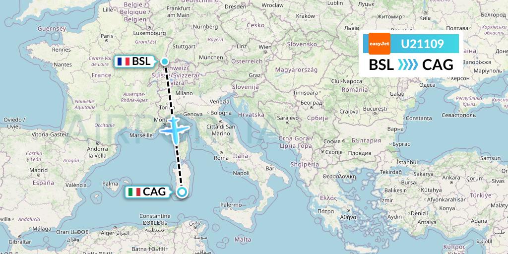 U21109 EasyJet Flight Map: Basel to Cagliari