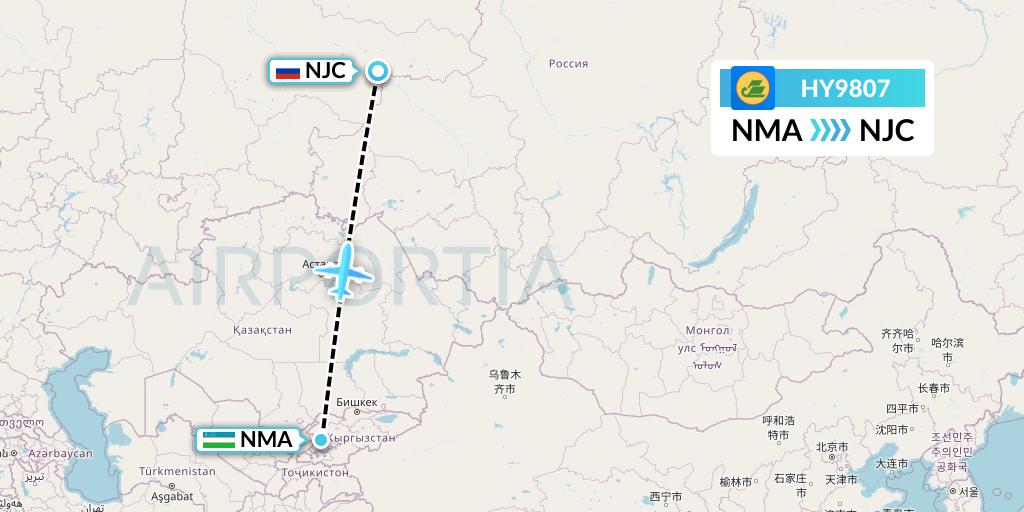 HY9807 Uzbekistan Airways Flight Map: Namangan to Nizhnevartovsk