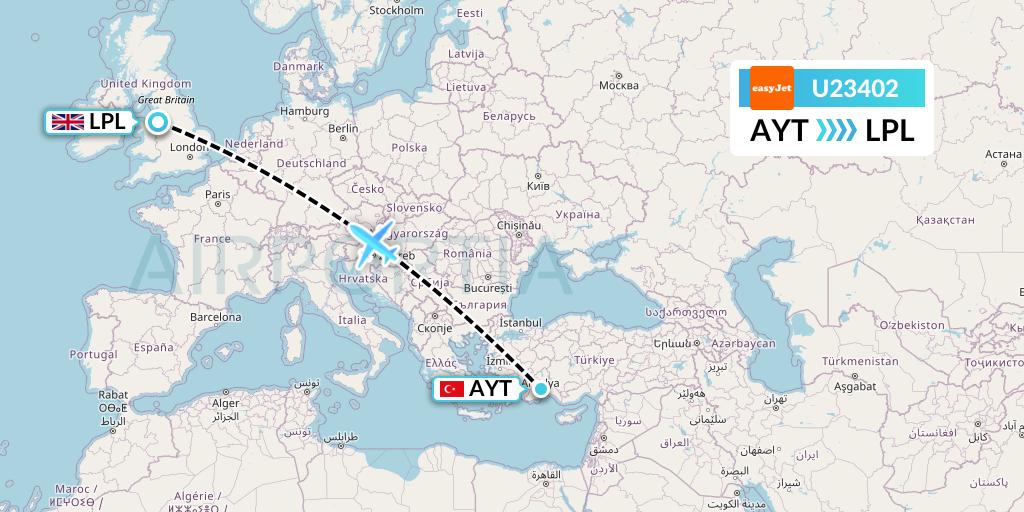 U23402 EasyJet Flight Map: Antalya to Liverpool