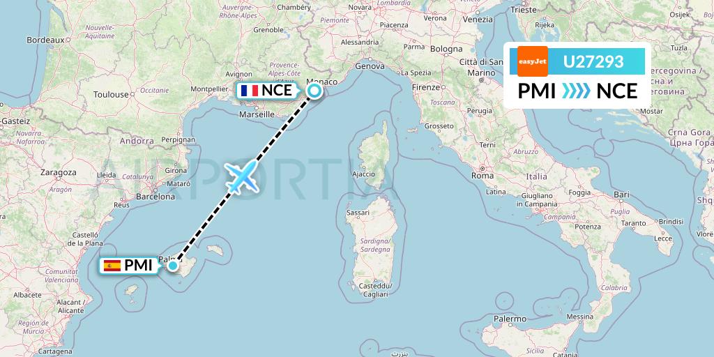 U27293 EasyJet Flight Map: Palma de Mallorca to Nice