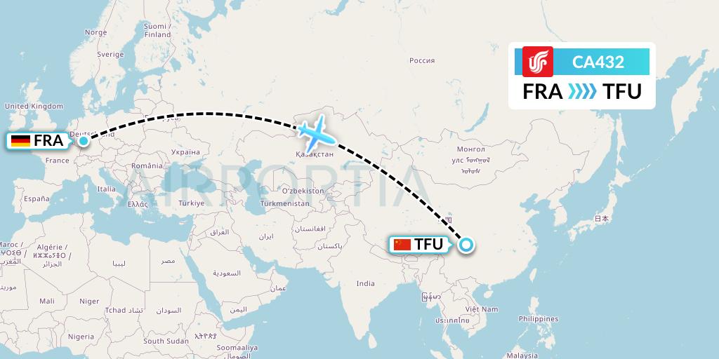 CA432 Air China Flight Map: Frankfurt to Chengdu