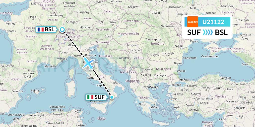 U21122 EasyJet Flight Map: Lamezia Terme to Basel