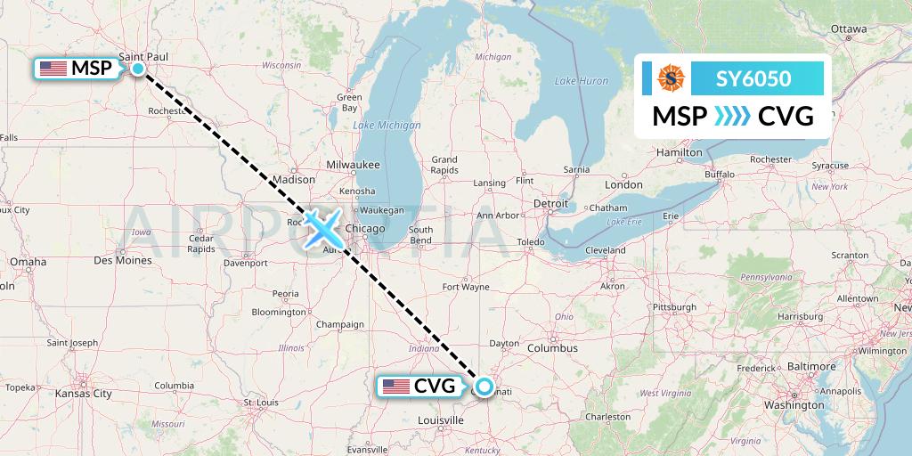 SY6050 Sun Country Airlines Flight Map: Minneapolis to Cincinnati