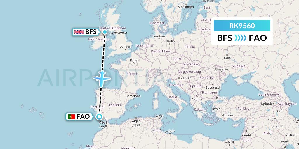 RK9560 Ryanair UK Flight Map: Belfast to Faro