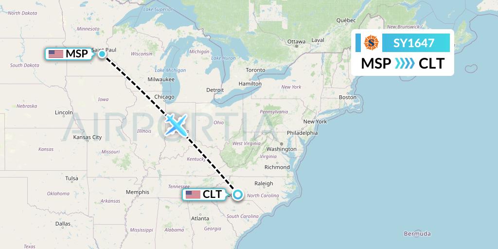 SY1647 Sun Country Airlines Flight Map: Minneapolis to Charlotte