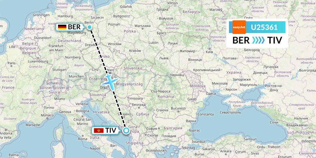 U25361 EasyJet Flight Map: Berlin to Tivat