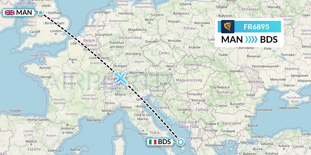 FR6895 Ryanair Flight Map: Manchester to Brindisi