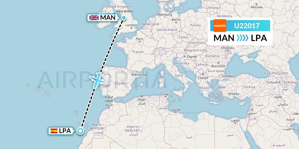 U22017 EasyJet Flight Map: Manchester to Las Palmas