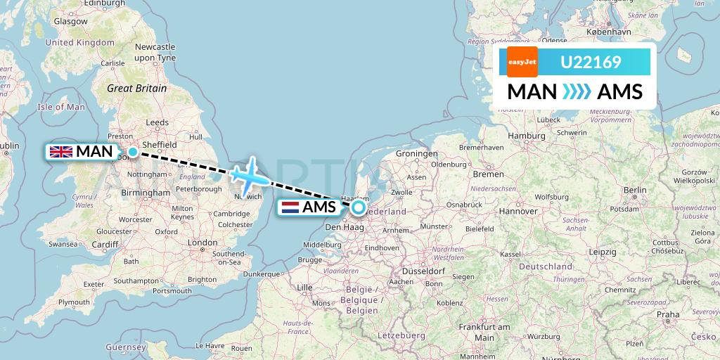 U22169 EasyJet Flight Map: Manchester to Amsterdam
